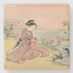 Woman picking chrysanthemums stone coaster