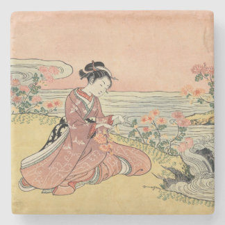 Woman picking chrysanthemums stone coaster