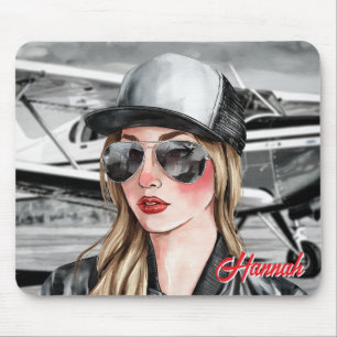 Woman Pilot & Sunglasses Cessna Airplane Christmas Mouse Pad