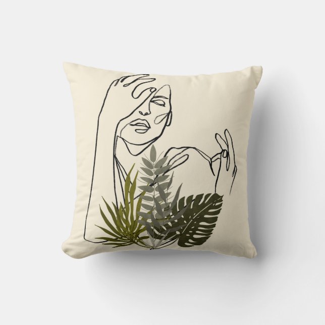 Woman Plant Line Art Throw Pillow (Front)