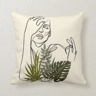 Woman Plant Line Art Throw Pillow