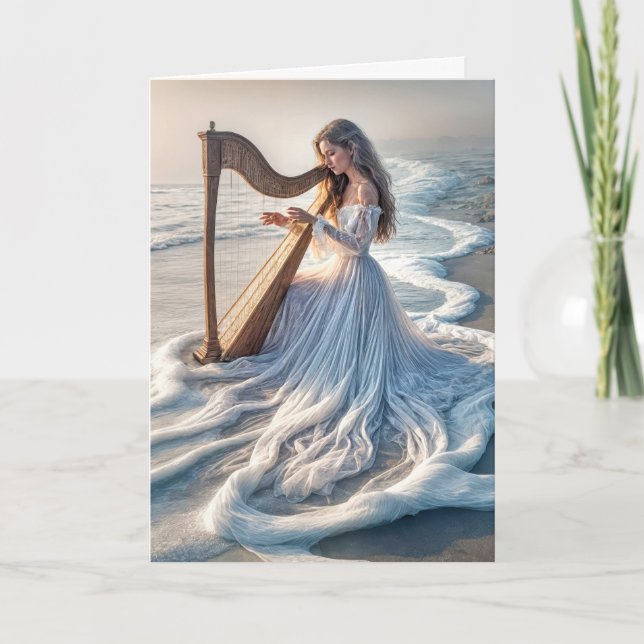 Woman Playing a Harp In Ocean Water Card (Front)