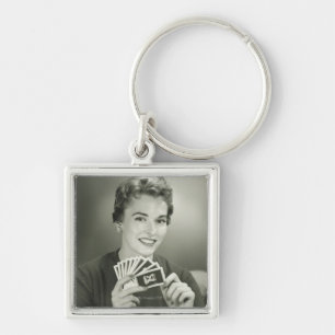 Woman Playing Cards Keychain