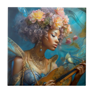 Woman Playing Lute African American Fantasy Art Tile