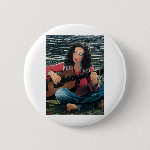 Woman Playing Music With Acoustic Guitar 2 Inch Round Button