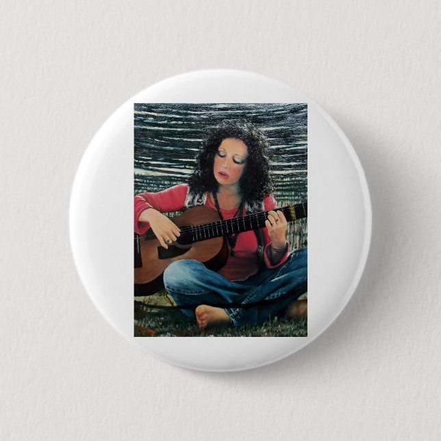 Woman Playing Music With Acoustic Guitar 2 Inch Round Button (Front)
