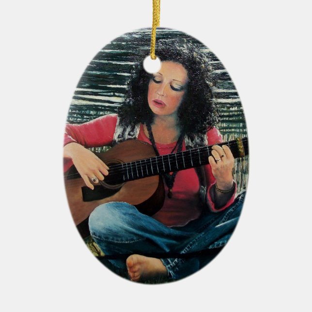 Woman Playing Music With Acoustic Guitar Ceramic Ornament (Front)