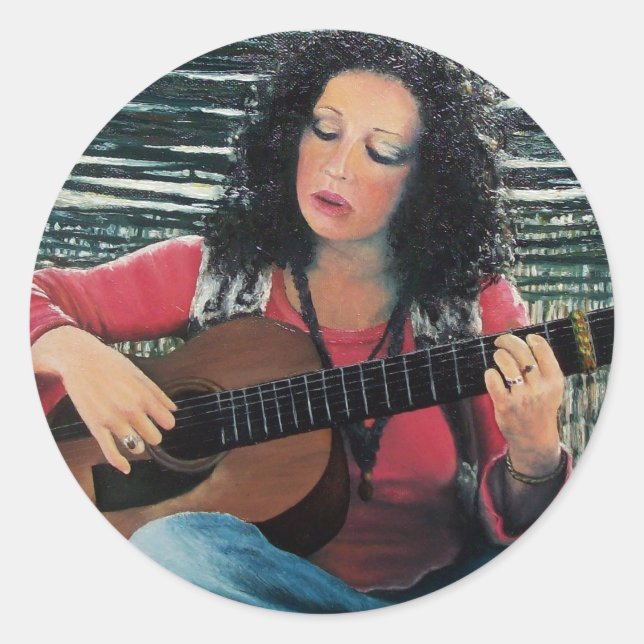 Woman Playing Music With Acoustic Guitar Classic Round Sticker (Front)