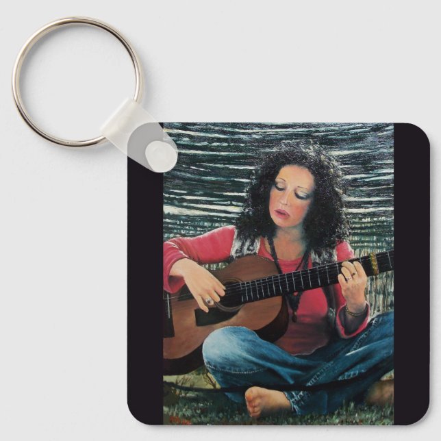 Woman Playing Music With Acoustic Guitar Keychain (Front)