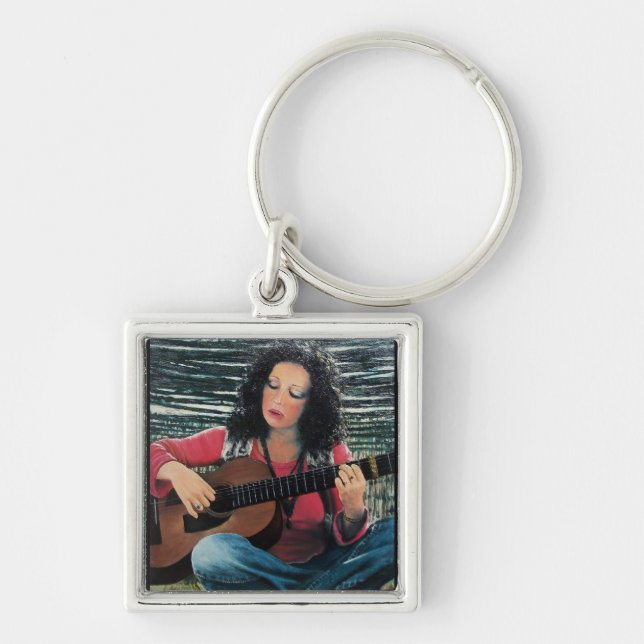 Woman Playing Music With Acoustic Guitar Keychain (Front)