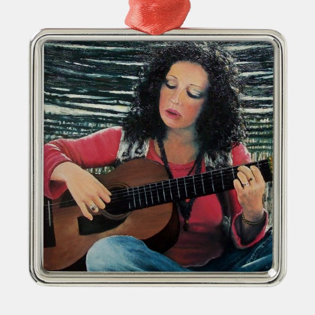 Woman Playing Music With Acoustic Guitar Metal Ornament (Front)