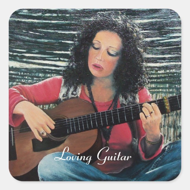 Woman Playing Music With Acoustic Guitar Square Sticker (Front)