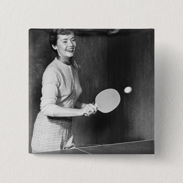 Woman Playing Table Tennis 2 Inch Square Button (Front)