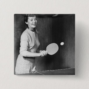 Woman Playing Table Tennis 2 Inch Square Button