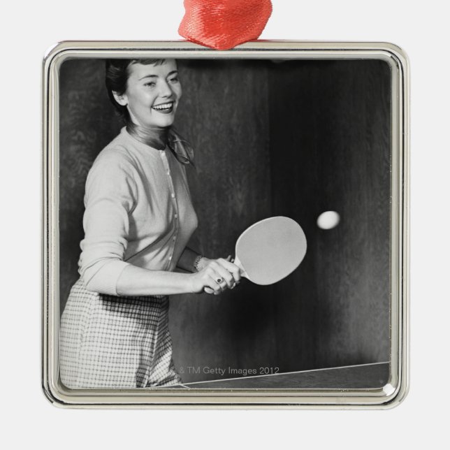 Woman Playing Table Tennis Metal Ornament (Front)