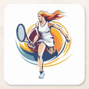 woman playing tennis square paper coaster