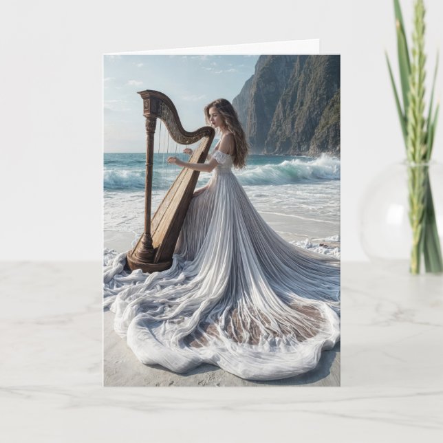 Woman Playing the Harp Birthday Card (Front)