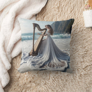 Woman Playing the Harp On the Seashore Throw Pillow