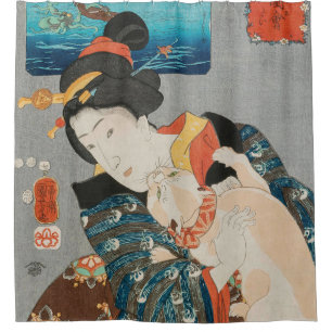 Woman Playing with Cat Vintage Japanese Print