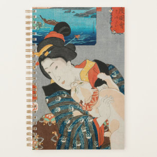 Woman Playing with Cat Vintage Japanese Print Planner