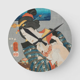 Woman Playing with Cat Vintage Japanese Print Round Clock