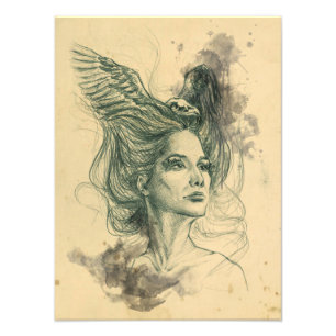 Woman portrait bird skull and wings Surreal art Photo Print