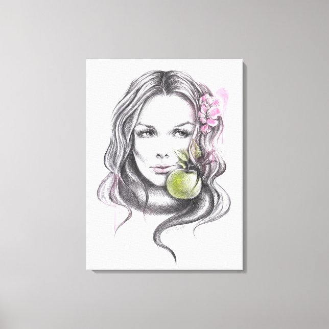 Woman portrait with apple and blossom Surreal art Canvas Print (Front)