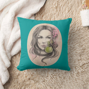 Woman portrait with apple and blossom Surreal art Throw Pillow