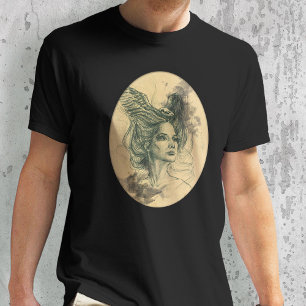 Woman portrait with bird skull and wings T-shirt