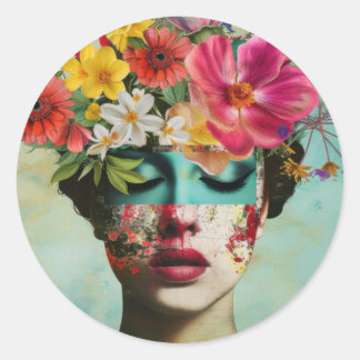 Woman portrait with fashion flowers on the head. classic round sticker