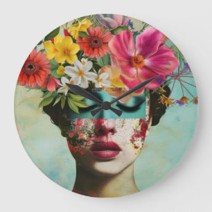 Woman portrait with fashion flowers on the head, large clock