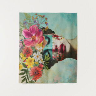 Woman portrait with fashion flowers on the head, tapestry