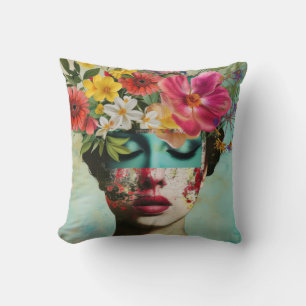 Woman portrait with fashion flowers on the head. throw pillow