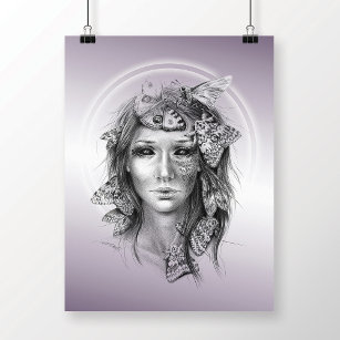 Woman portrait with moths surreal pencil art poster