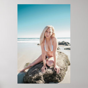 Woman Posing On Beach Rock In White Bikini Poster