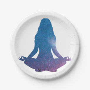 Woman practicing yoga - Choose background color Paper Plate