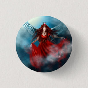 Woman queen with wings in red dress in clouds 1 inch round button