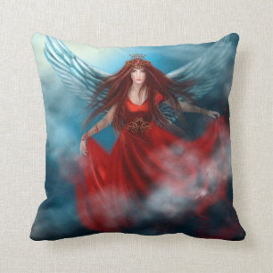 Woman queen with wings in red dress in clouds throw pillow