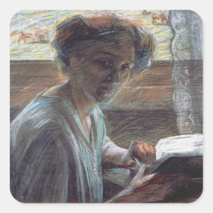 Woman Reading, 1909 (oil on canvas) Square Sticker