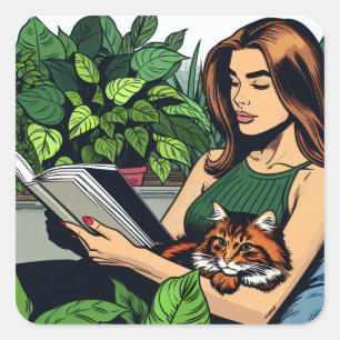 Woman Reading a Book with a cat on her Lap Square Sticker