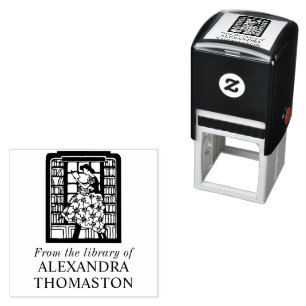 Woman Reading Among Book Shelves Library Book Name Self-inking Stamp