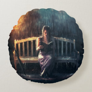 Woman Reading Book in the Rain Round Pillow