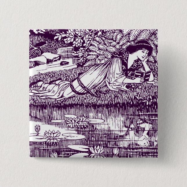 Woman Reading by a pond 2 Inch Square Button (Front)