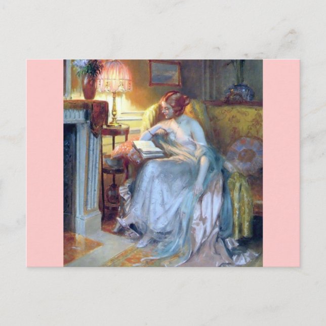 Woman reading by the lamp antique painting postcard (Front)