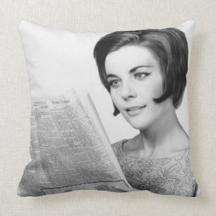 Woman Reading Newpaper Throw Pillow