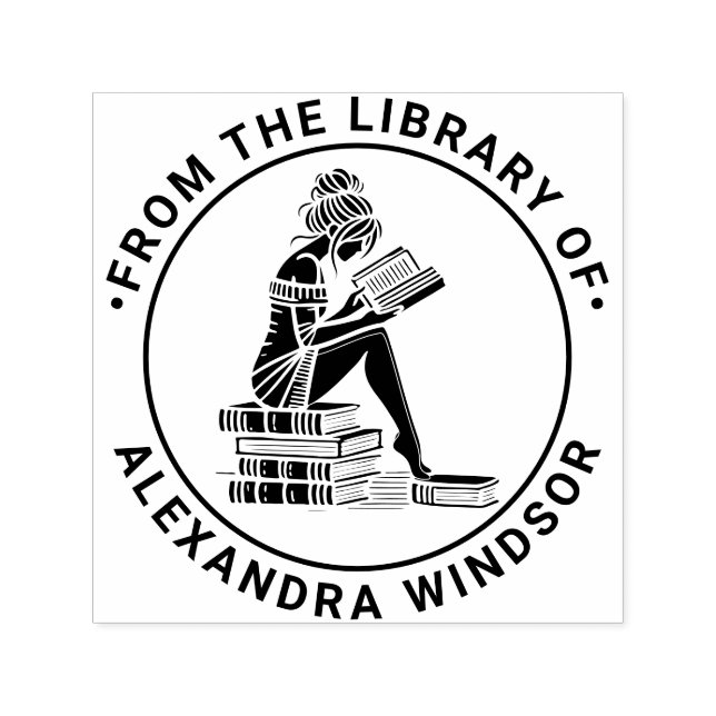 Woman Reading Perched on Book Stack Library Na Self-inking Stamp (Design)
