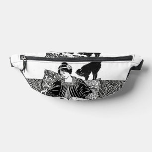 Woman reading with cat accent fanny pack