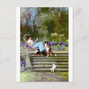 Woman reading with collie dogs postcard