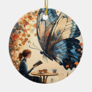 Woman Reading with Giant Butterfly Abstract Art Ceramic Ornament