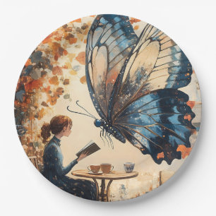 Woman Reading with Giant Butterfly Abstract Art Paper Plate